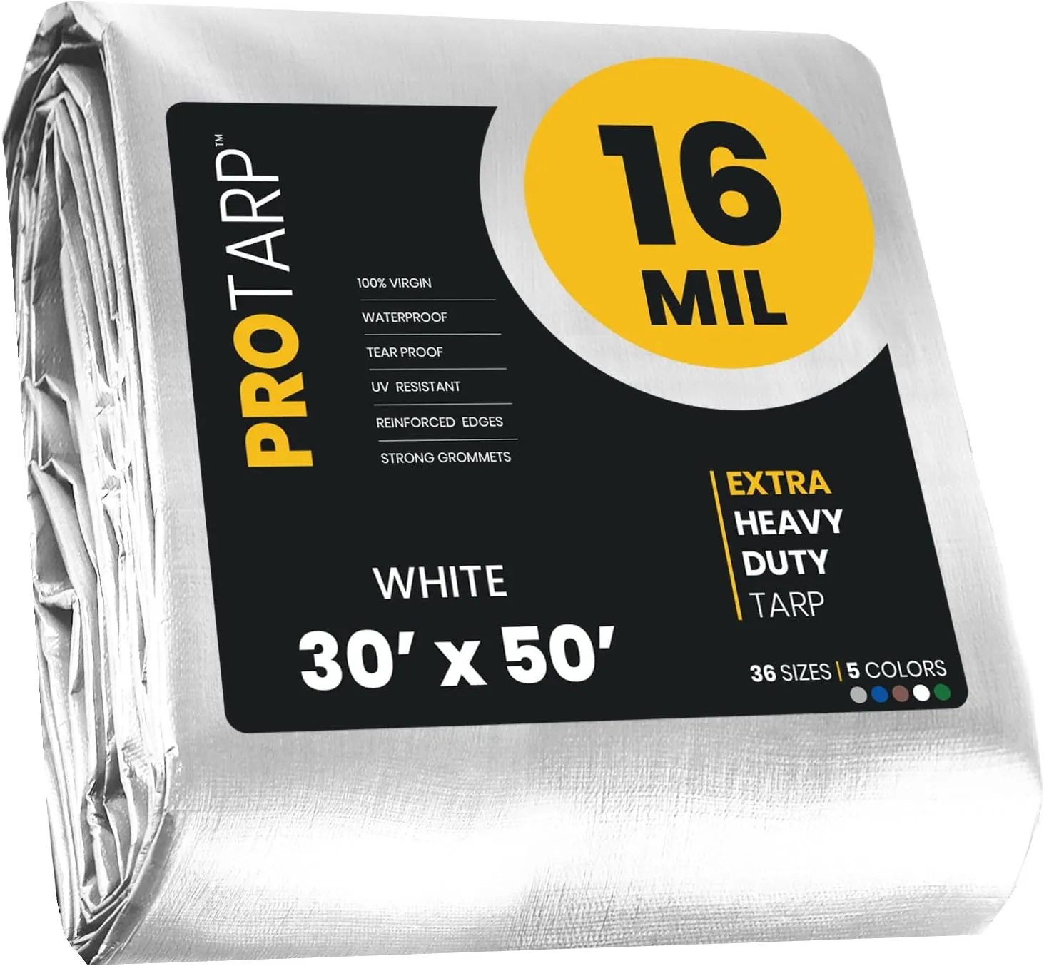PROTARP Extra Heavy Duty 16 Mil Tarp Cover, Waterproof, UV Resistant, Rip and Tear Proof, Poly Tarpaulin with Reinforced Edges for Roof, Camping, Patio, Pool, Boat. (White 30′ X 50′)