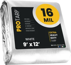 PROTARP Extra Heavy Duty 16 Mil Tarp Cover, Waterproof, UV Resistant, Rip and Tear Proof, Poly Tarpaulin with Reinforced Edges for Roof, Camping, Patio, Pool, Boat. (White 9′ X 12′)