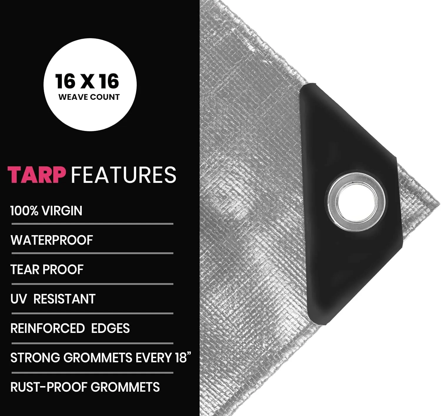 PROTARP Extreme Heavy Duty 22 Mil Tarp Cover, Waterproof, UV Resistant, Rip and Tear Proof, Poly Tarpaulin with Reinforced Edges for Roof, Camping, Patio, Pool, Boat. (Silver/Black 6′ X 8′)