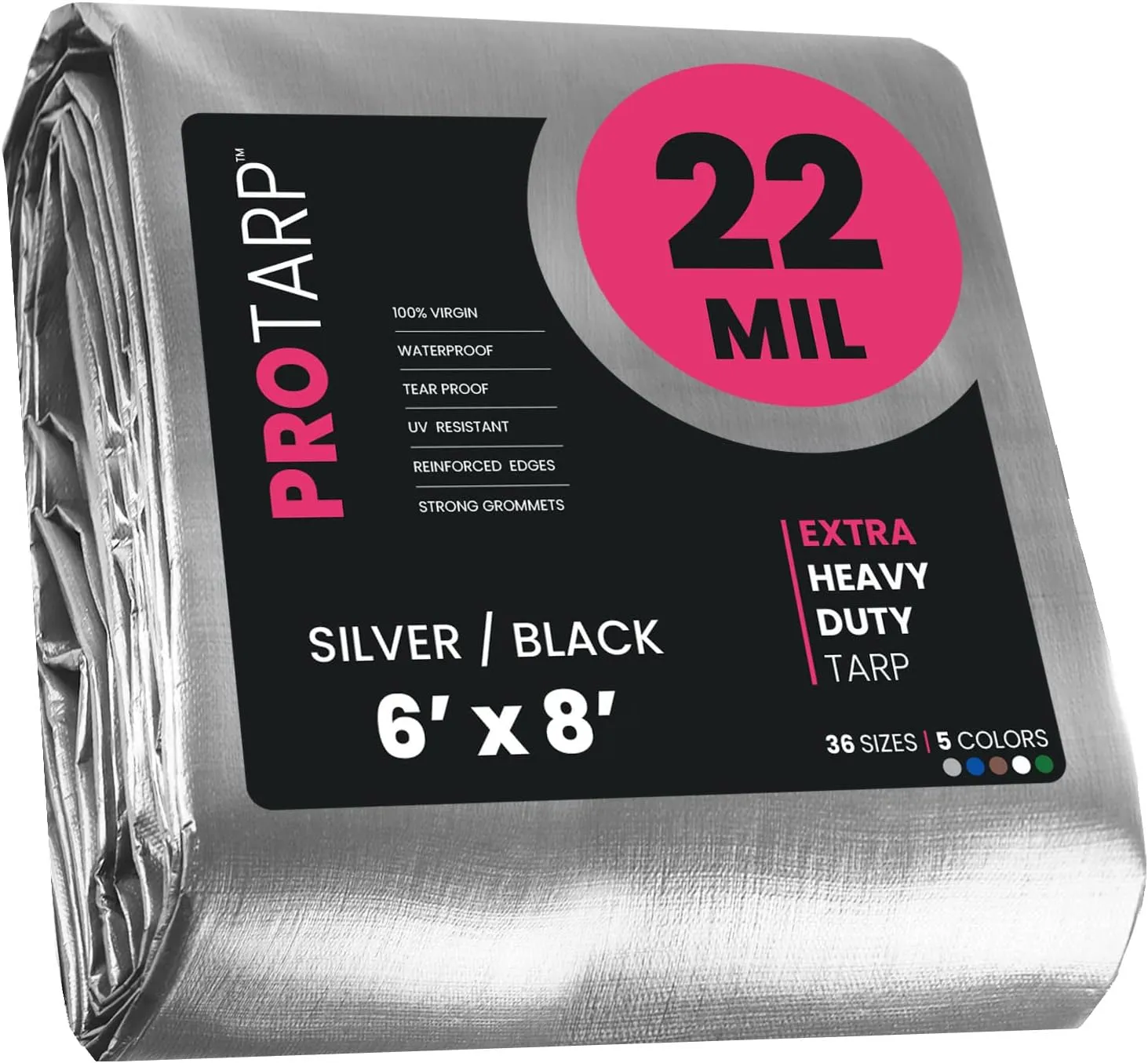 PROTARP Extreme Heavy Duty 22 Mil Tarp Cover, Waterproof, UV Resistant, Rip and Tear Proof, Poly Tarpaulin with Reinforced Edges for Roof, Camping, Patio, Pool, Boat. (Silver/Black 6′ X 8′)