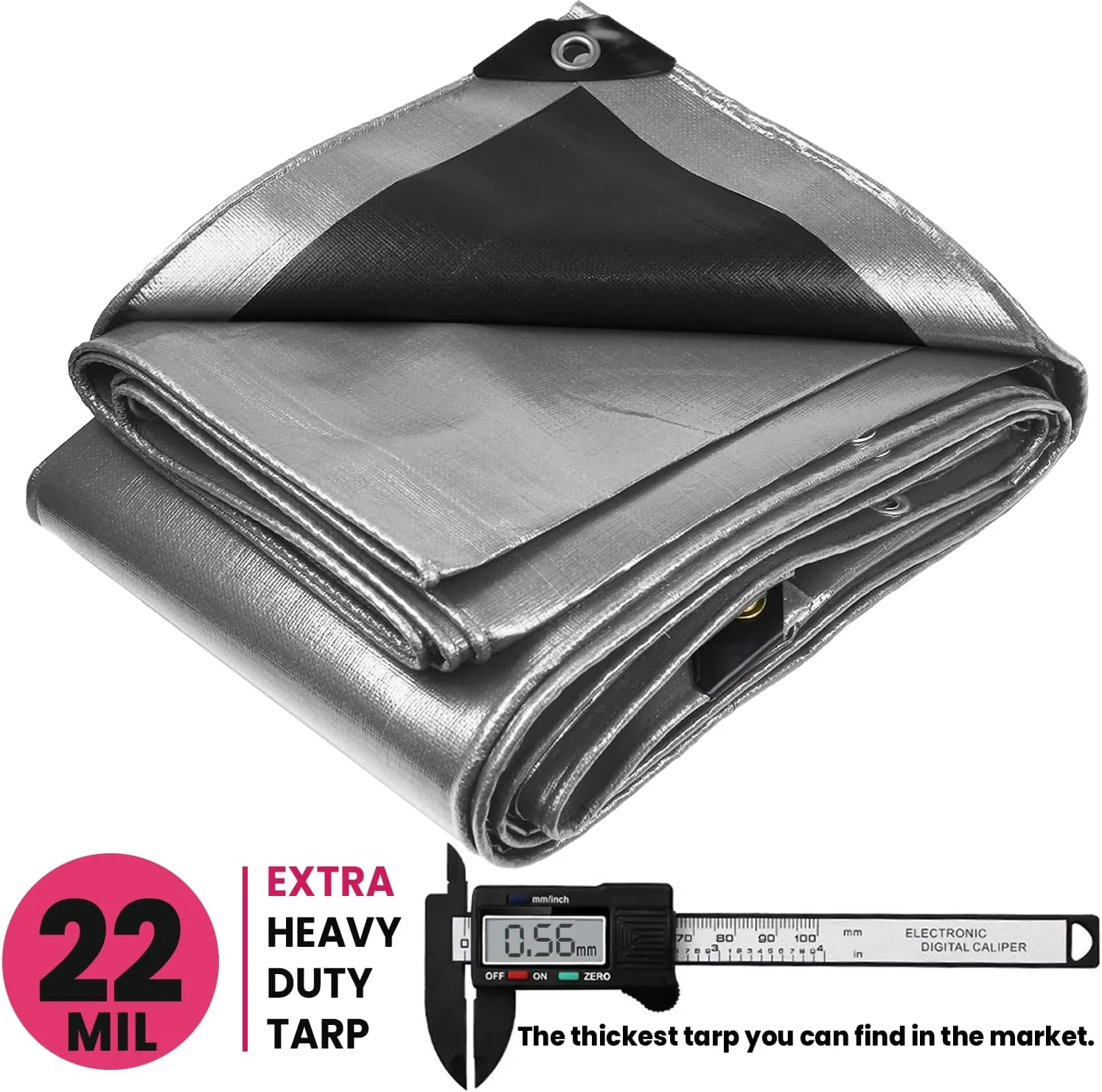 PROTARP Extreme Heavy Duty 22 Mil Tarp Cover, Waterproof, UV Resistant, Rip and Tear Proof, Poly Tarpaulin with Reinforced Edges for Roof, Camping, Patio, Pool, Boat. (Silver/Black 6′ X 8′)