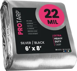 PROTARP Extreme Heavy Duty 22 Mil Tarp Cover, Waterproof, UV Resistant, Rip and Tear Proof, Poly Tarpaulin with Reinforced Edges for Roof, Camping, Patio, Pool, Boat. (Silver/Black 6′ X 8′)
