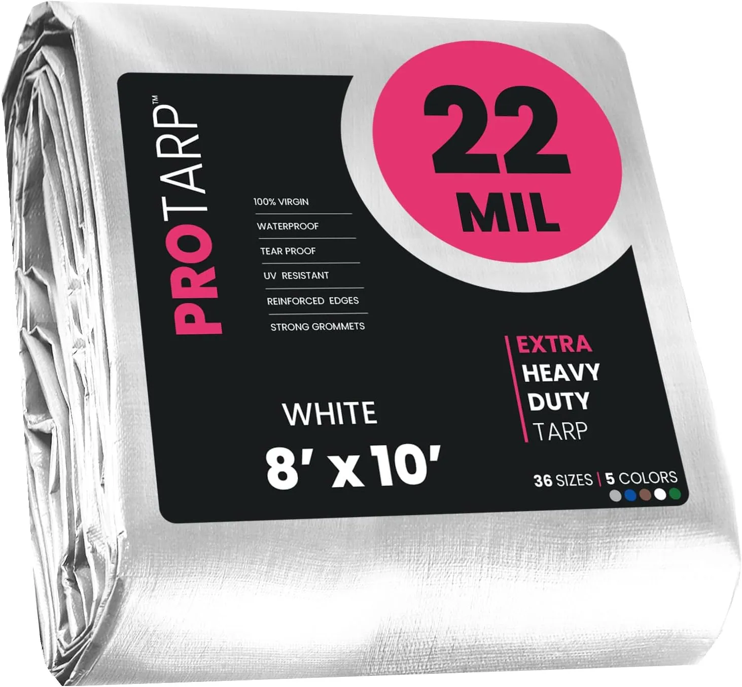 PROTARP Extreme Heavy Duty 22 Mil Tarp Cover, Waterproof, UV Resistant, Rip and Tear Proof, Poly Tarpaulin with Reinforced Edges for Roof, Camping, Patio, Pool, Boat. (White 8′ X 10′)