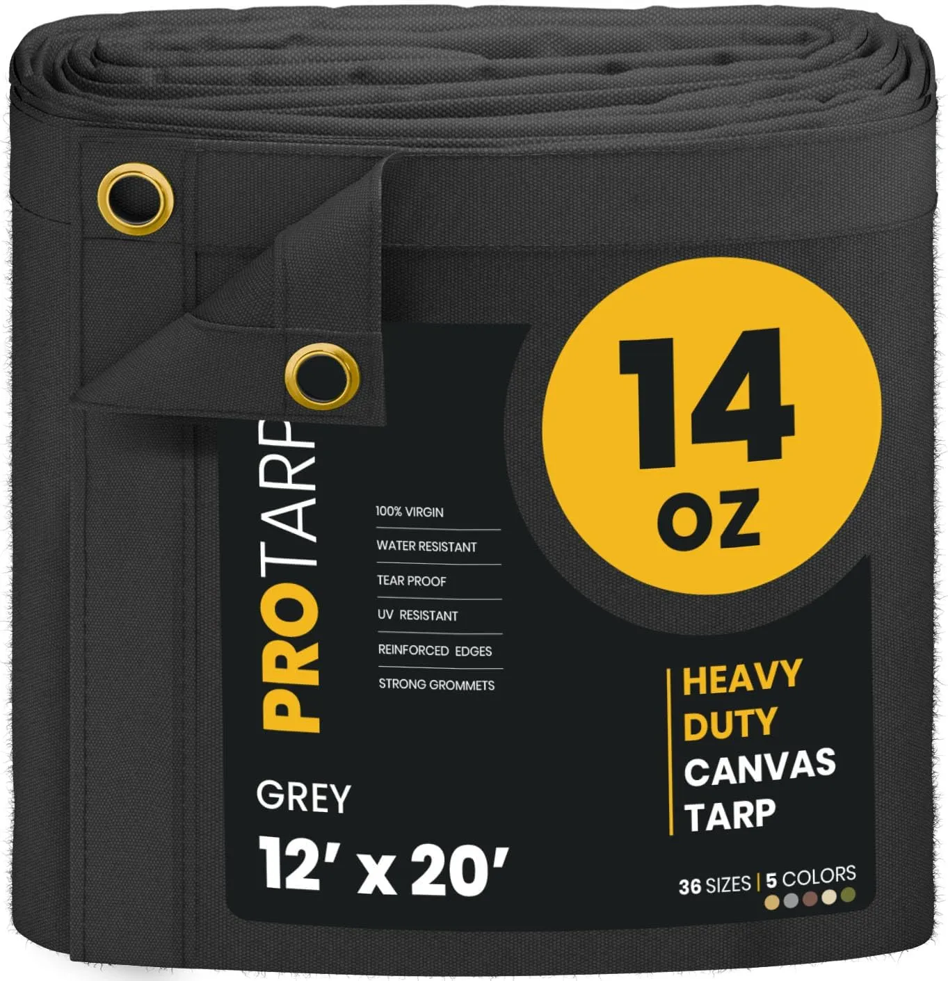 PROTARP Heavy Duty 14 OZ Water Resistant Canvas Tarp, UV Resistant Tarpaulin Cover with Rustproof Brass Grommets, Multipurpose for Canopy, Roof, Camping, Woodpile (Grey 12'X20')