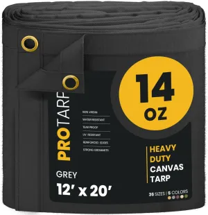 PROTARP Heavy Duty 14 OZ Water Resistant Canvas Tarp, UV Resistant Tarpaulin Cover with Rustproof Brass Grommets, Multipurpose for Canopy, Roof, Camping, Woodpile (Grey 12'X20')