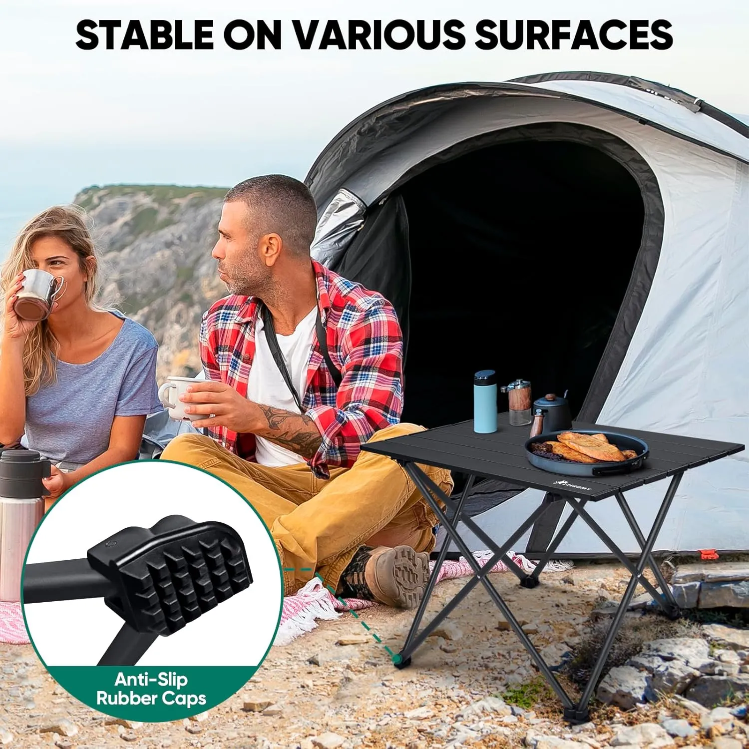 PTEROMY Folding Camping Table with Ultralight Aluminum Tabletop, Camping Side Table Portable Beach Table Outdoor Folding Table for Camping, Picnics, and BBQs (Large, Black)