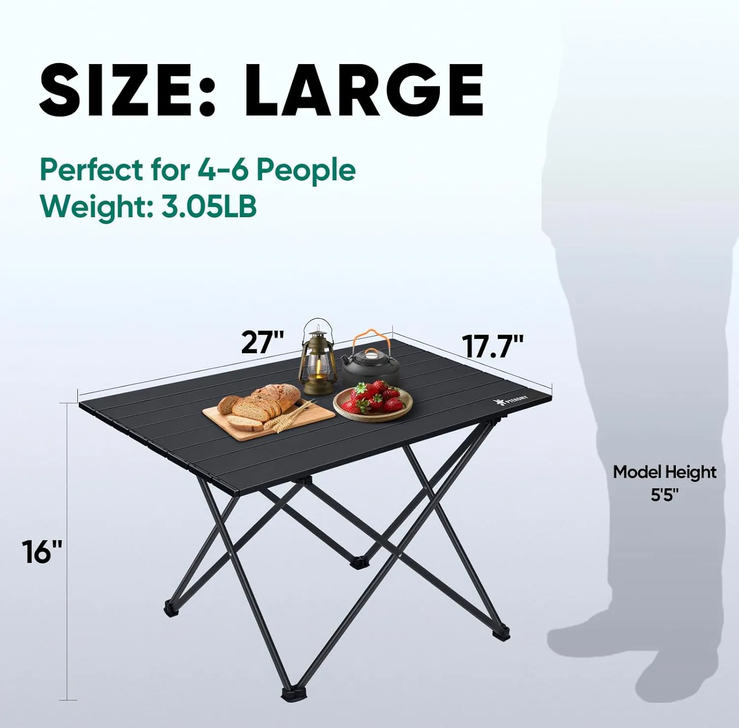 PTEROMY Folding Camping Table with Ultralight Aluminum Tabletop, Camping Side Table Portable Beach Table Outdoor Folding Table for Camping, Picnics, and BBQs (Large, Black)
