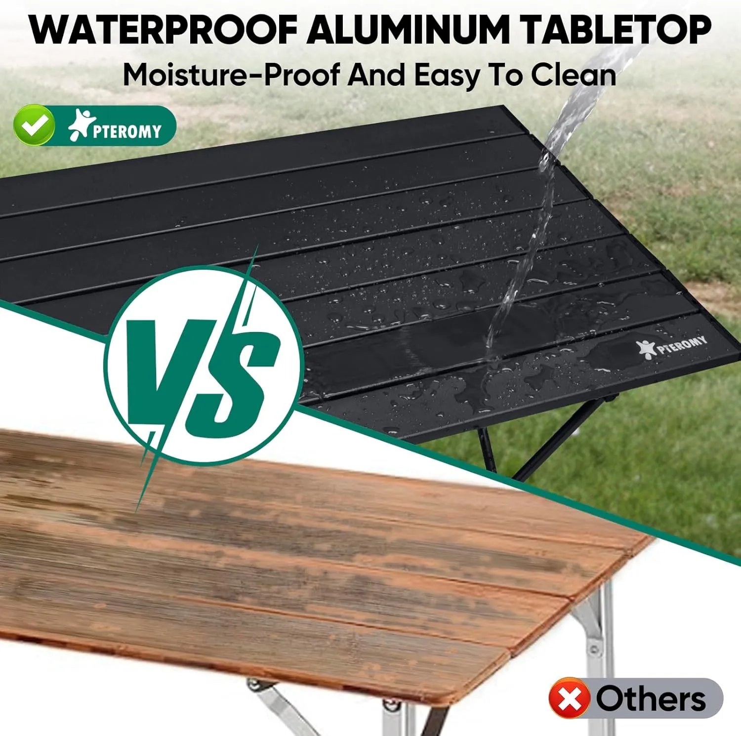 PTEROMY Folding Camping Table with Ultralight Aluminum Tabletop, Camping Side Table Portable Beach Table Outdoor Folding Table for Camping, Picnics, and BBQs (Large, Black)