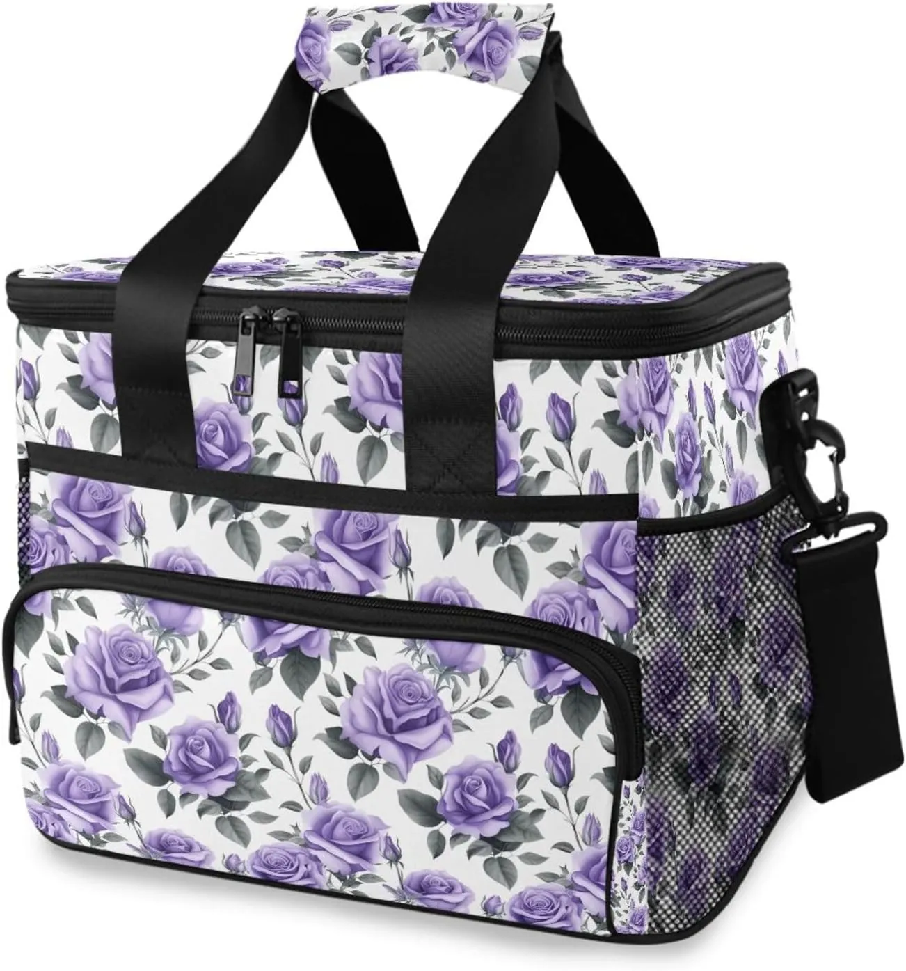 Purple Rose Flower Cooler Bag Insulated Cooler Soft Sided Cooler 24 Can Portable Picnic Bag Large Leakproof Lunch Bag Box for Beach Grocery Camping Travel Car Men Women