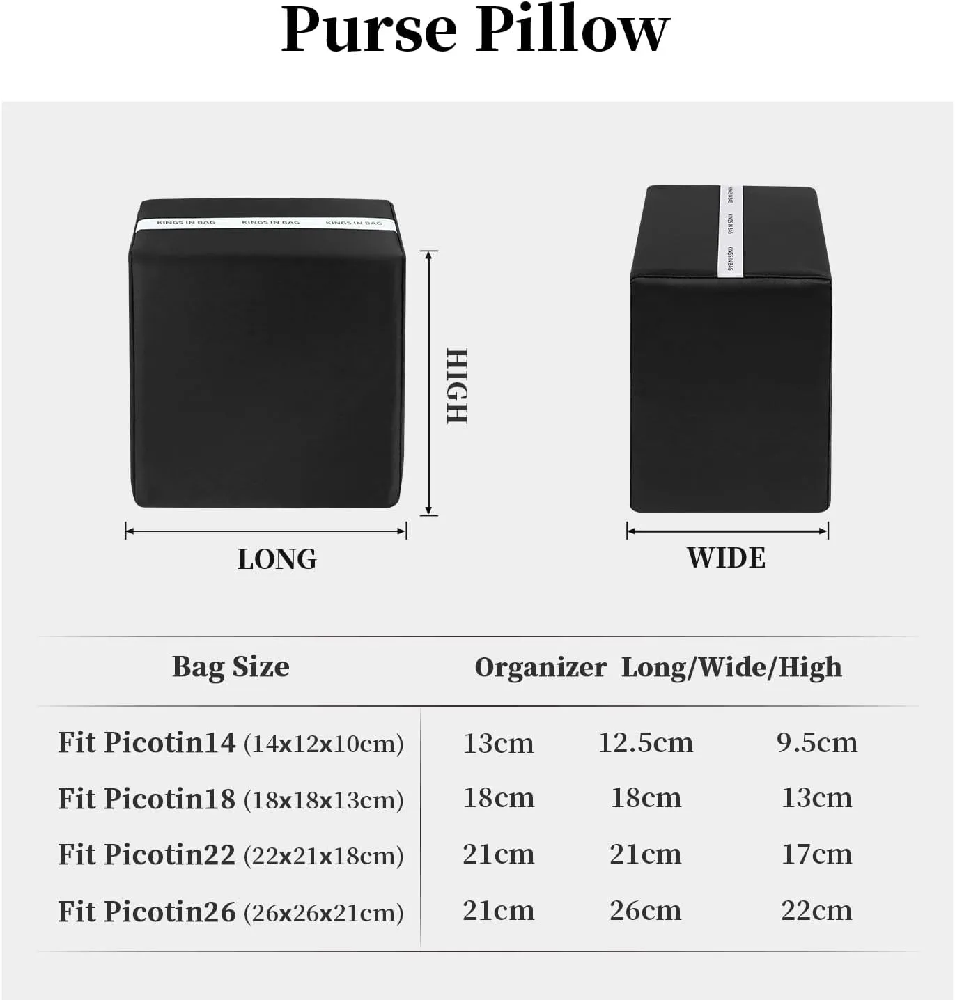 Purse Handbag Shaper Pillow Insert for Tote Bags, Luxury Bag Shaper with Lightweight Silk, Fits for Picotin 18 Bags, Soft Memory Foam Inner (Black, Picotin18)