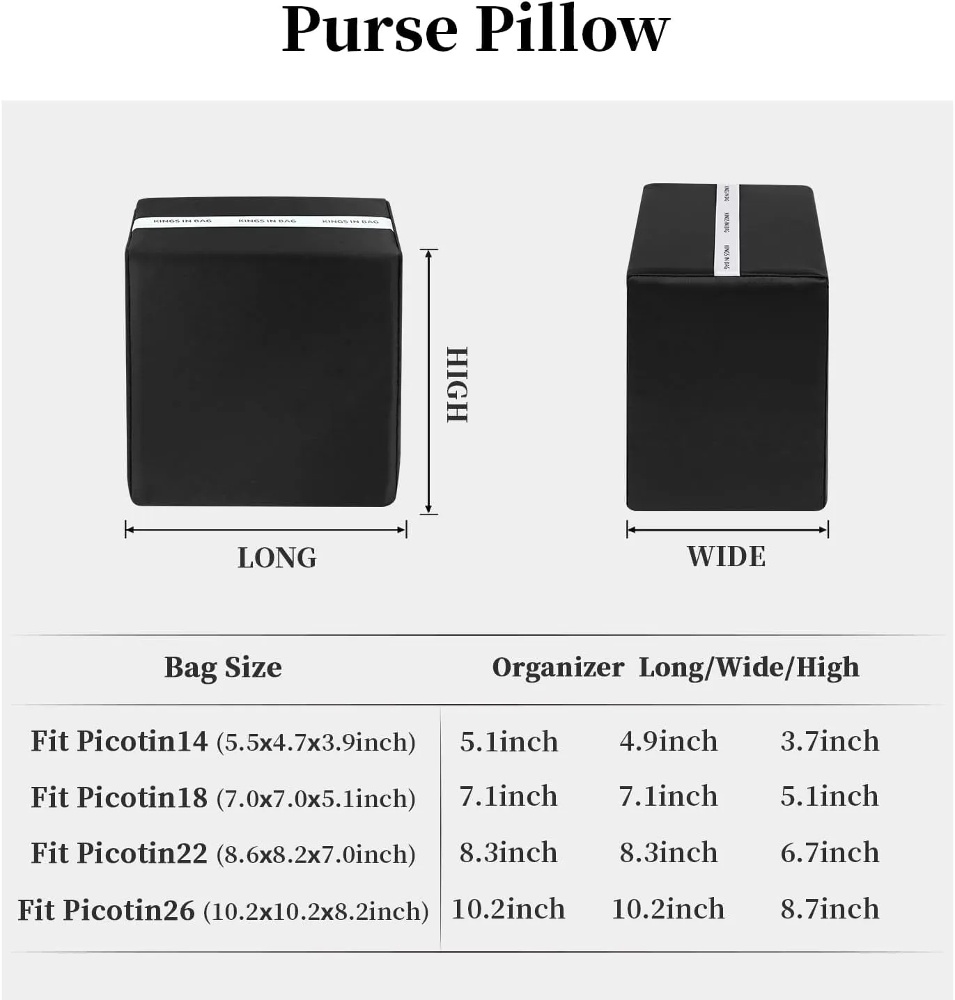 Purse Handbag Shaper Pillow Insert for Tote Bags, Luxury Bag Shaper with Lightweight Silk, Fits for Picotin 18 Bags, Soft Memory Foam Inner (Black, Picotin18)
