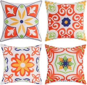 Pyonic Outdoor Waterproof Throw Pillow Covers for Patio Furniture Decorative Boho Pillow Covers 20x20 Floral Printed for Patio Tent Couch Garden Set of 4,Orange