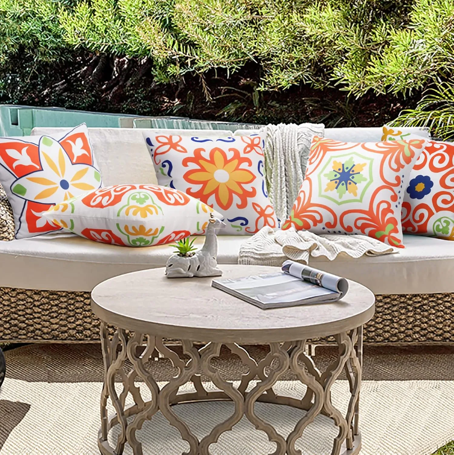 Pyonic Outdoor Waterproof Throw Pillow Covers for Patio Furniture Decorative Boho Pillow Covers 20x20 Floral Printed for Patio Tent Couch Garden Set of 4,Orange