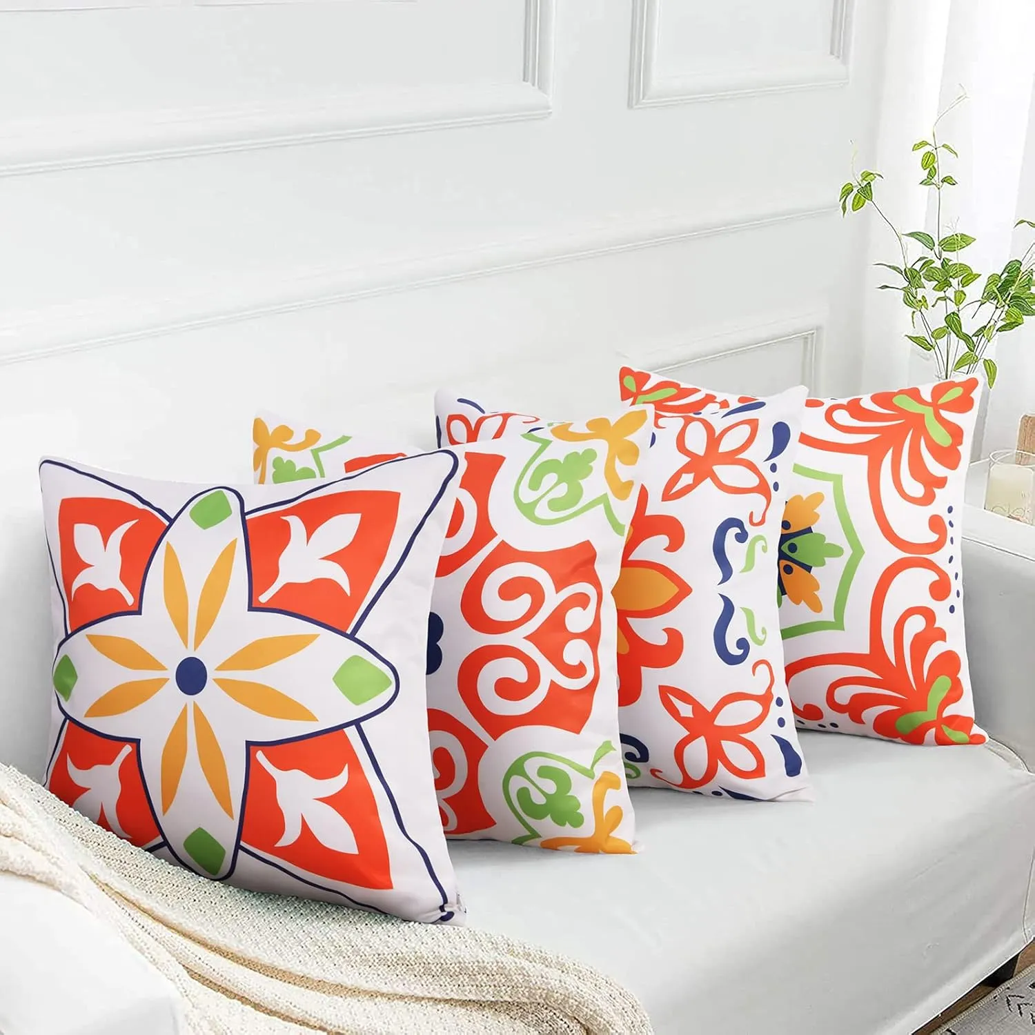 Pyonic Outdoor Waterproof Throw Pillow Covers for Patio Furniture Decorative Boho Pillow Covers 20x20 Floral Printed for Patio Tent Couch Garden Set of 4,Orange