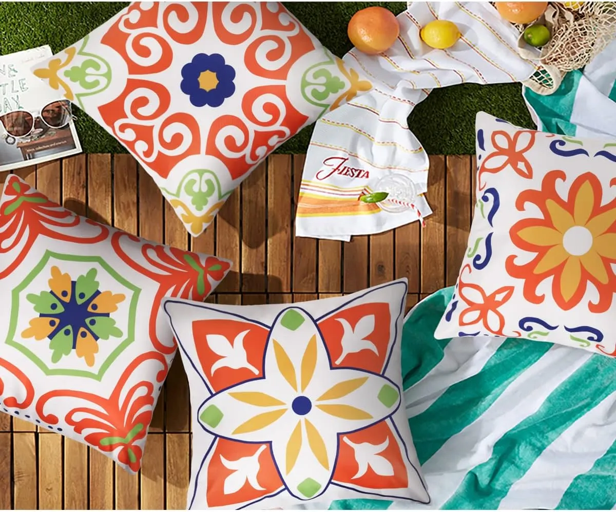 Pyonic Outdoor Waterproof Throw Pillow Covers for Patio Furniture Decorative Boho Pillow Covers 20x20 Floral Printed for Patio Tent Couch Garden Set of 4,Orange