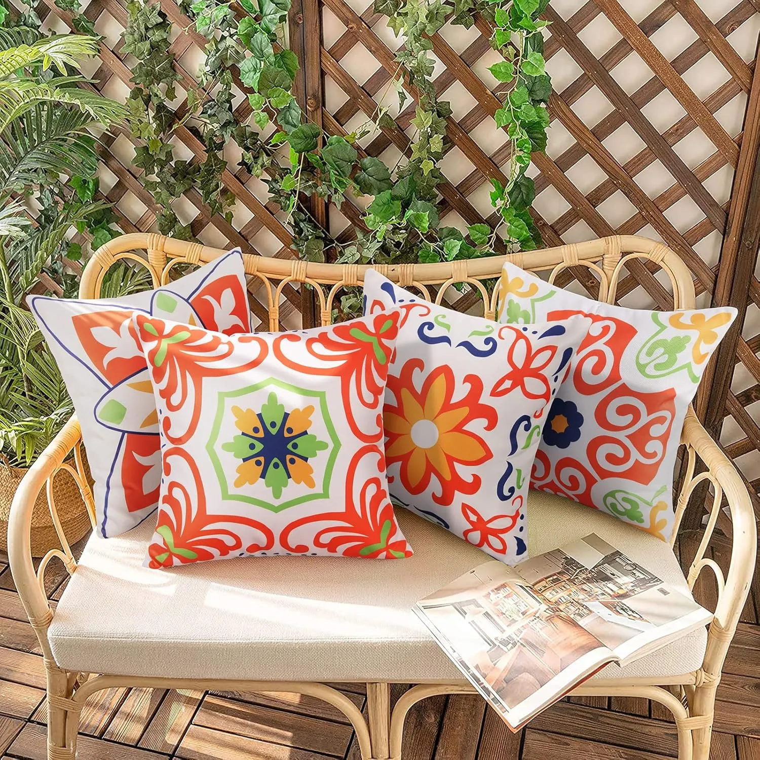 Pyonic Outdoor Waterproof Throw Pillow Covers for Patio Furniture Decorative Boho Pillow Covers 20x20 Floral Printed for Patio Tent Couch Garden Set of 4,Orange