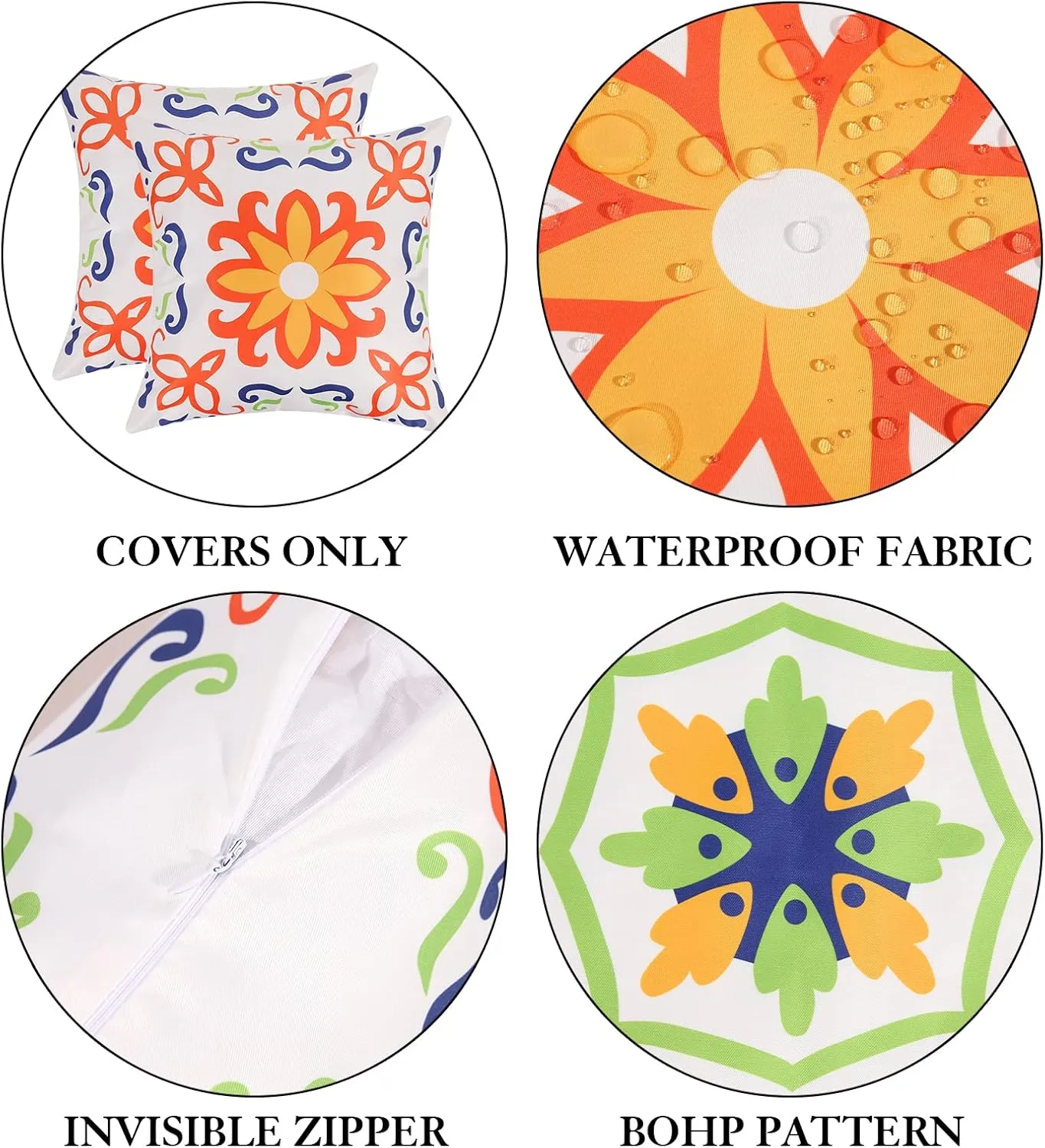 Pyonic Outdoor Waterproof Throw Pillow Covers for Patio Furniture Decorative Boho Pillow Covers 20x20 Floral Printed for Patio Tent Couch Garden Set of 4,Orange