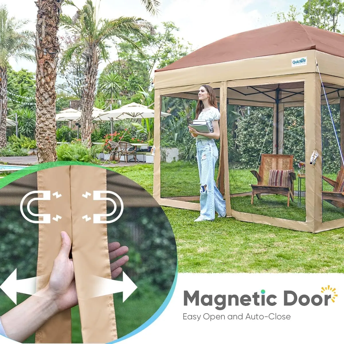 Quictent 10’x10’ Pop up Canopy Tent with Netting, One Person Instant Setup Screen House Room Tent Screened- 2 Magnetic Doors, Waterproof (Khaki)