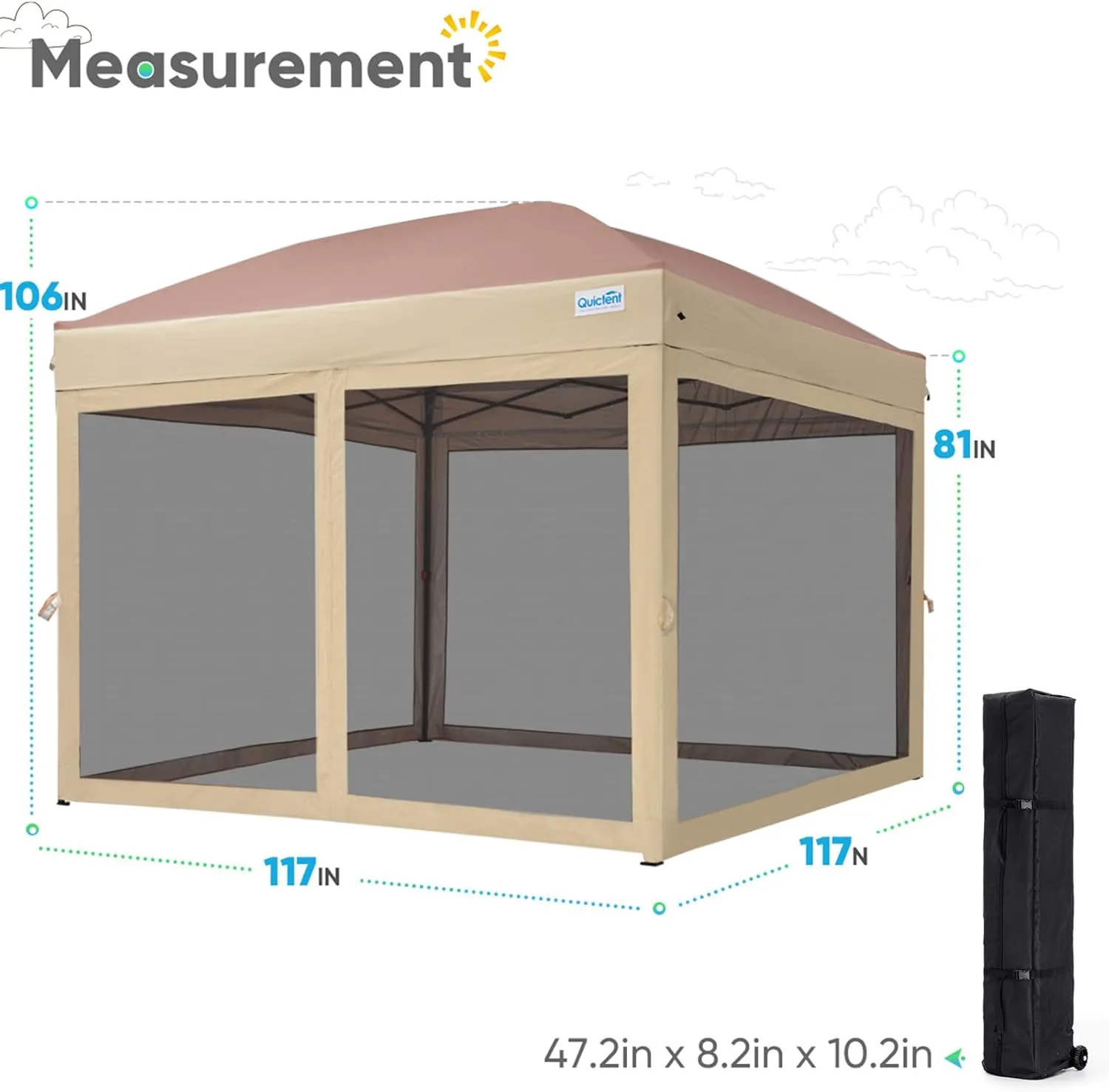 Quictent 10’x10’ Pop up Canopy Tent with Netting, One Person Instant Setup Screen House Room Tent Screened- 2 Magnetic Doors, Waterproof (Khaki)