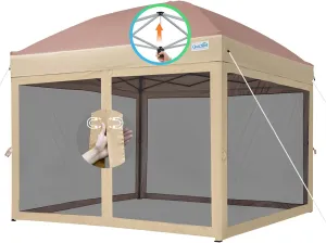 Quictent 10’x10’ Pop up Canopy Tent with Netting, One Person Instant Setup Screen House Room Tent Screened- 2 Magnetic Doors, Waterproof (Khaki)