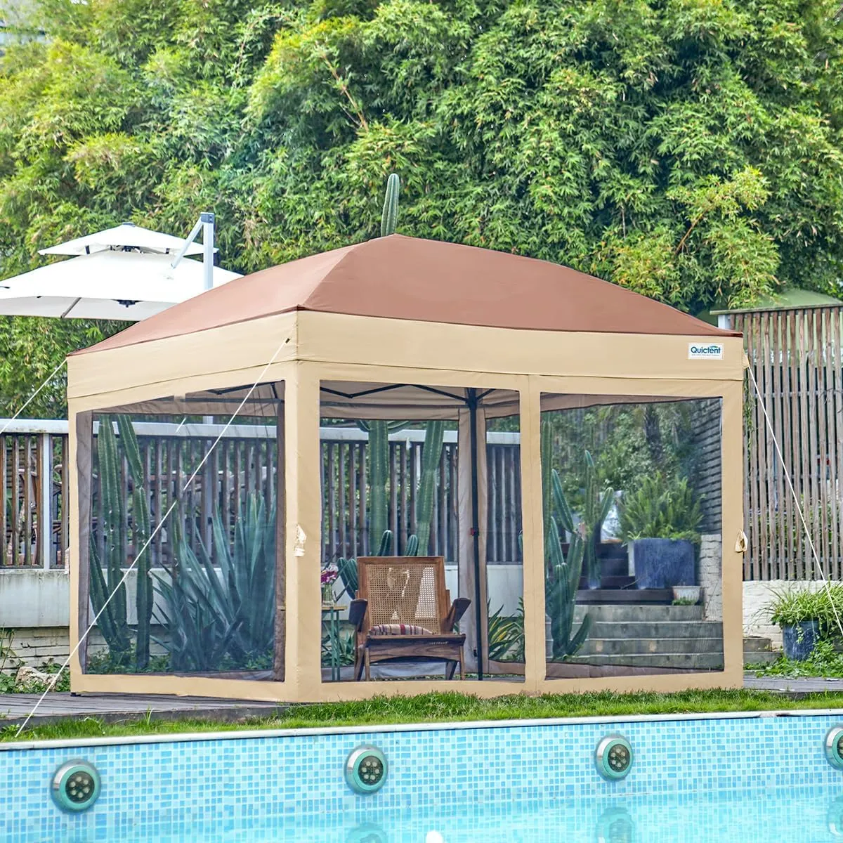 Quictent 10’x10’ Pop up Canopy Tent with Netting, One Person Instant Setup Screen House Room Tent Screened- 2 Magnetic Doors, Waterproof (Khaki)