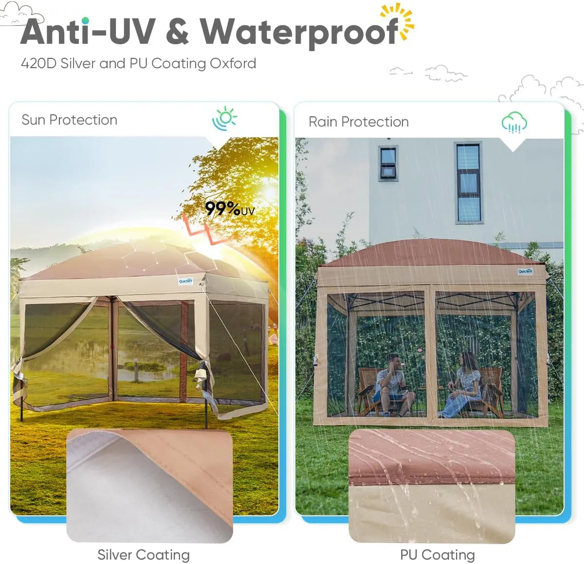 Quictent 10’x10’ Pop up Canopy Tent with Netting, One Person Instant Setup Screen House Room Tent Screened- 2 Magnetic Doors, Waterproof (Khaki)