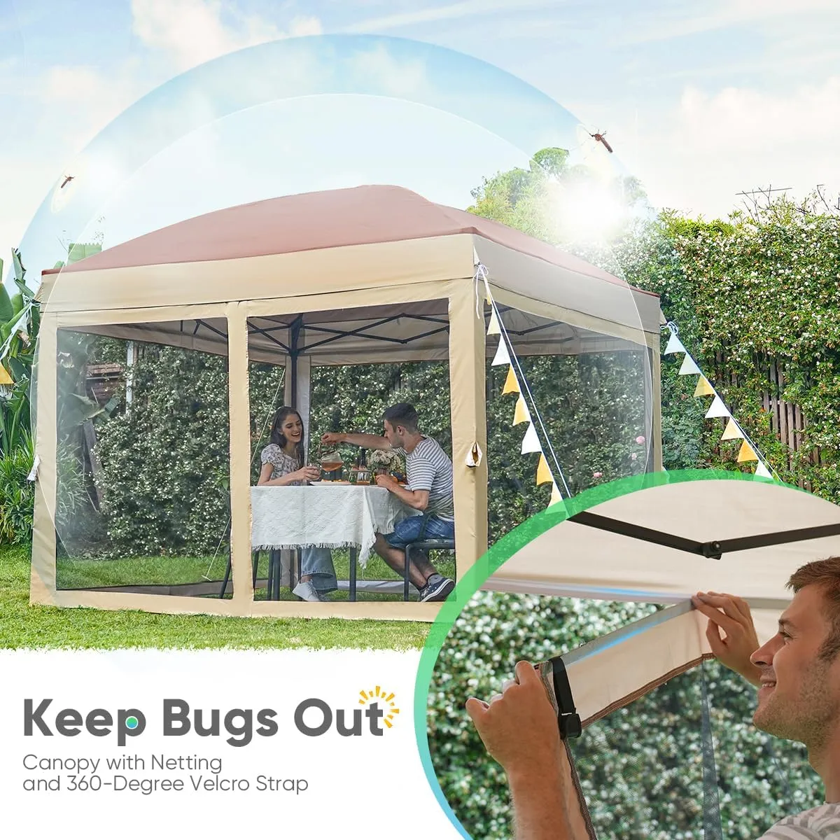 Quictent 10’x10’ Pop up Canopy Tent with Netting, One Person Instant Setup Screen House Room Tent Screened- 2 Magnetic Doors, Waterproof (Khaki)