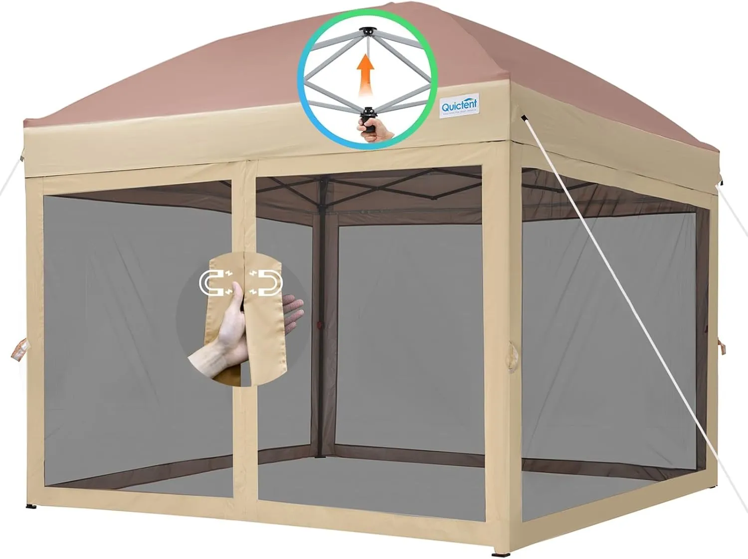 Quictent 10’x10’ Pop up Canopy Tent with Netting, One Person Instant Setup Screen House Room Tent Screened- 2 Magnetic Doors, Waterproof (Khaki)