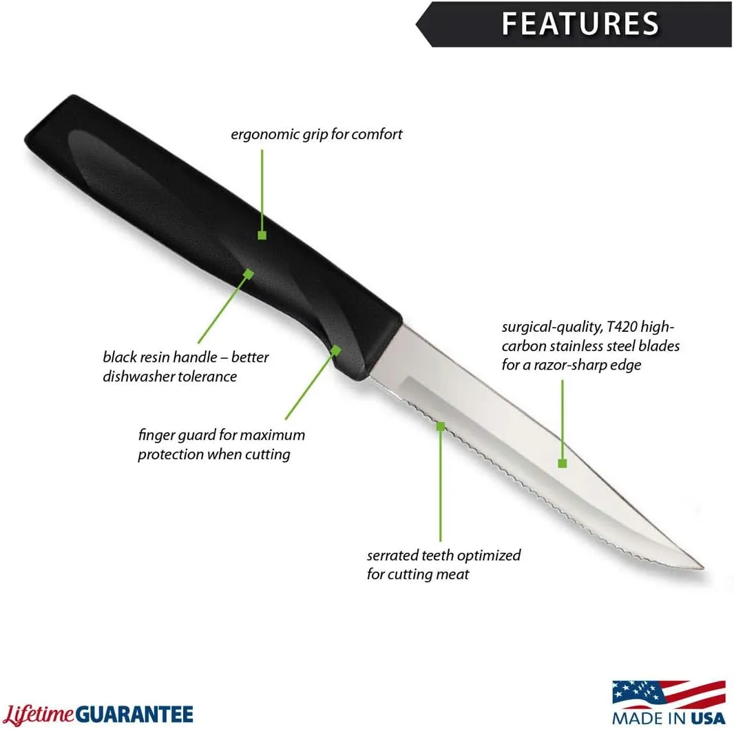 RADA Cutlery Anthem Series Serrated Steak Knife, Black Handle, Pack of 6