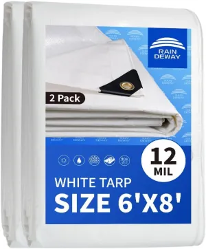 RAINDEWAY 12 Mil Heavy Duty White Tarp 6x8 Feet (2 Pack), UV Resistant, Waterproof, Weatherproof Poly Tarp with Metal Grommets and Reinforced Edges