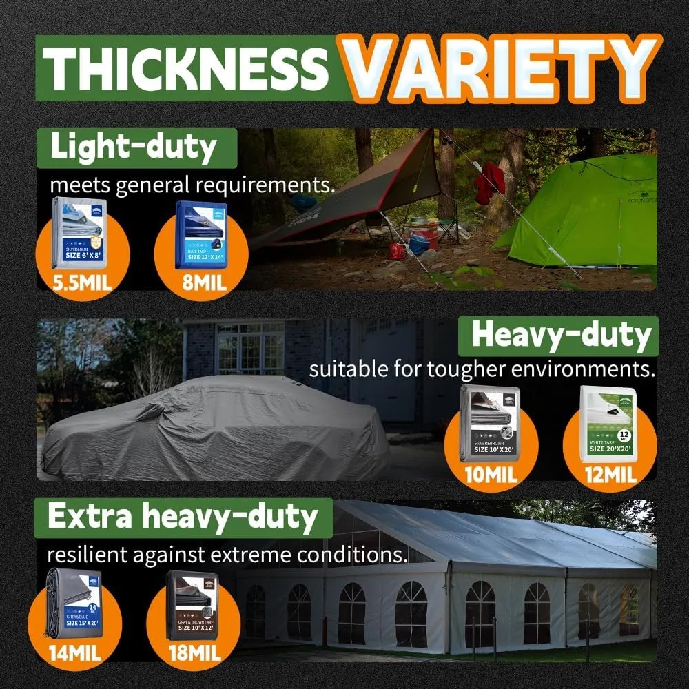 RAINDEWAY 12 Mil Heavy Duty White Tarp 6x8 Feet (2 Pack), UV Resistant, Waterproof, Weatherproof Poly Tarp with Metal Grommets and Reinforced Edges