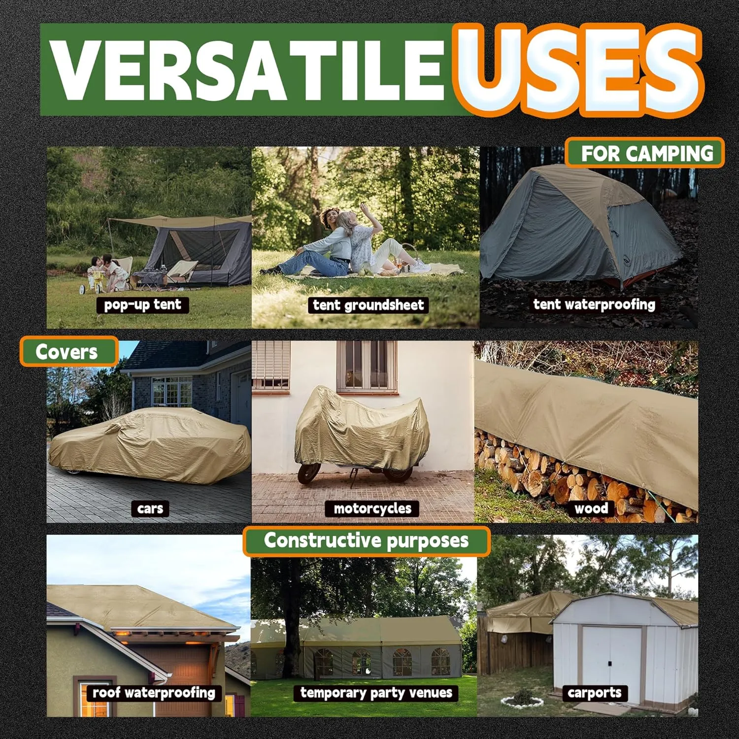 RAINDEWAY 12x12 Feet Heavy Duty Tarp,12 Mil Tan Waterproof Poly Tarp Cover,UV Resistant,Weatherproof,Durable,Multipurpose Tarps with Grommets and Reinforced Edges