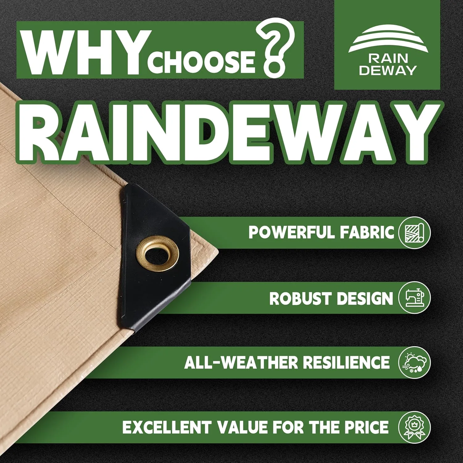 RAINDEWAY 12x12 Feet Heavy Duty Tarp,12 Mil Tan Waterproof Poly Tarp Cover,UV Resistant,Weatherproof,Durable,Multipurpose Tarps with Grommets and Reinforced Edges