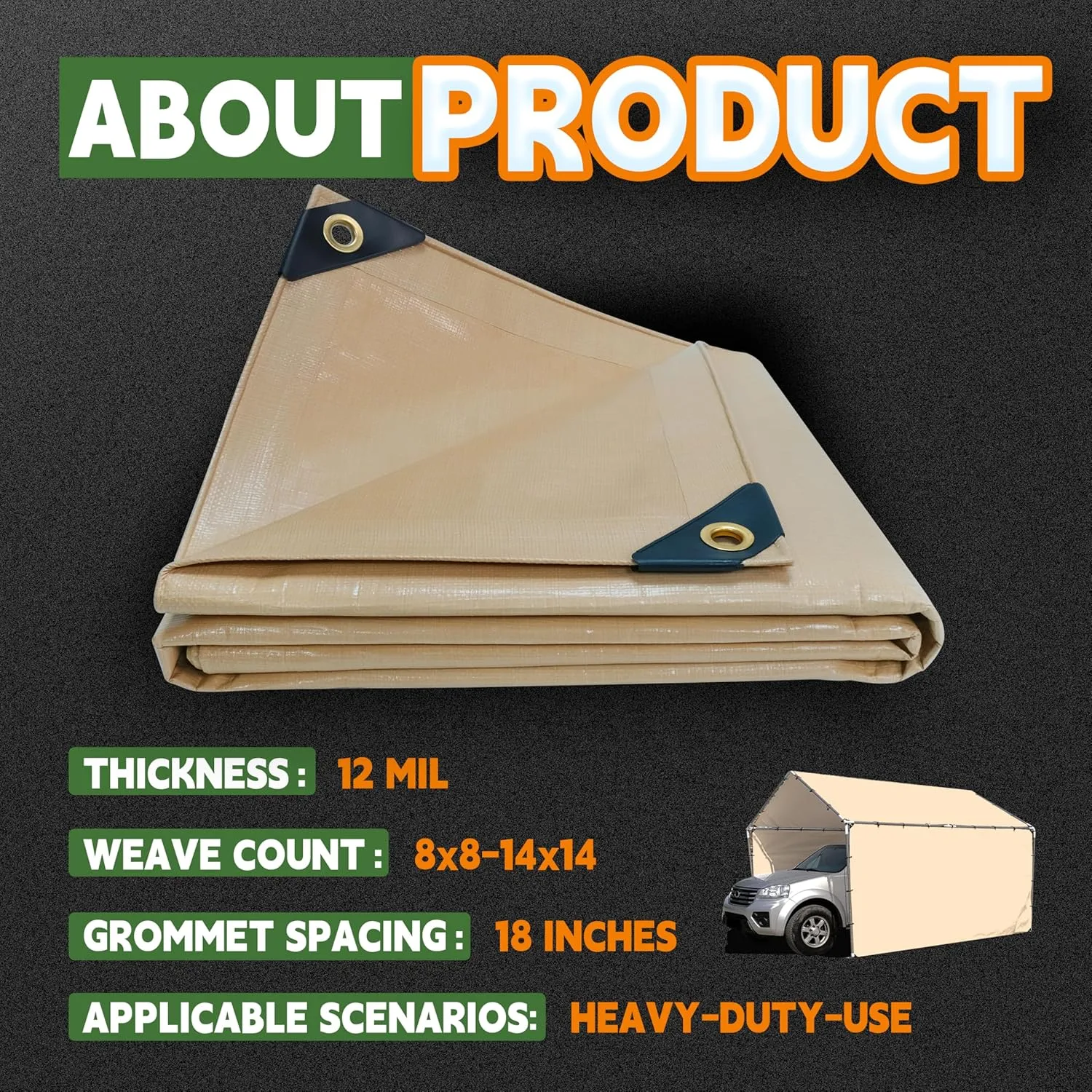 RAINDEWAY 12x12 Feet Heavy Duty Tarp,12 Mil Tan Waterproof Poly Tarp Cover,UV Resistant,Weatherproof,Durable,Multipurpose Tarps with Grommets and Reinforced Edges