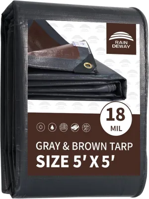 RAINDEWAY 5x5 Feet Super Heavy Duty Tarp 18 Mil, UV Resistant, Weatherproof, Multipurpose Waterproof Poly Tarp with Grommets and Reinforced Edges, Brown/Gray Tarps