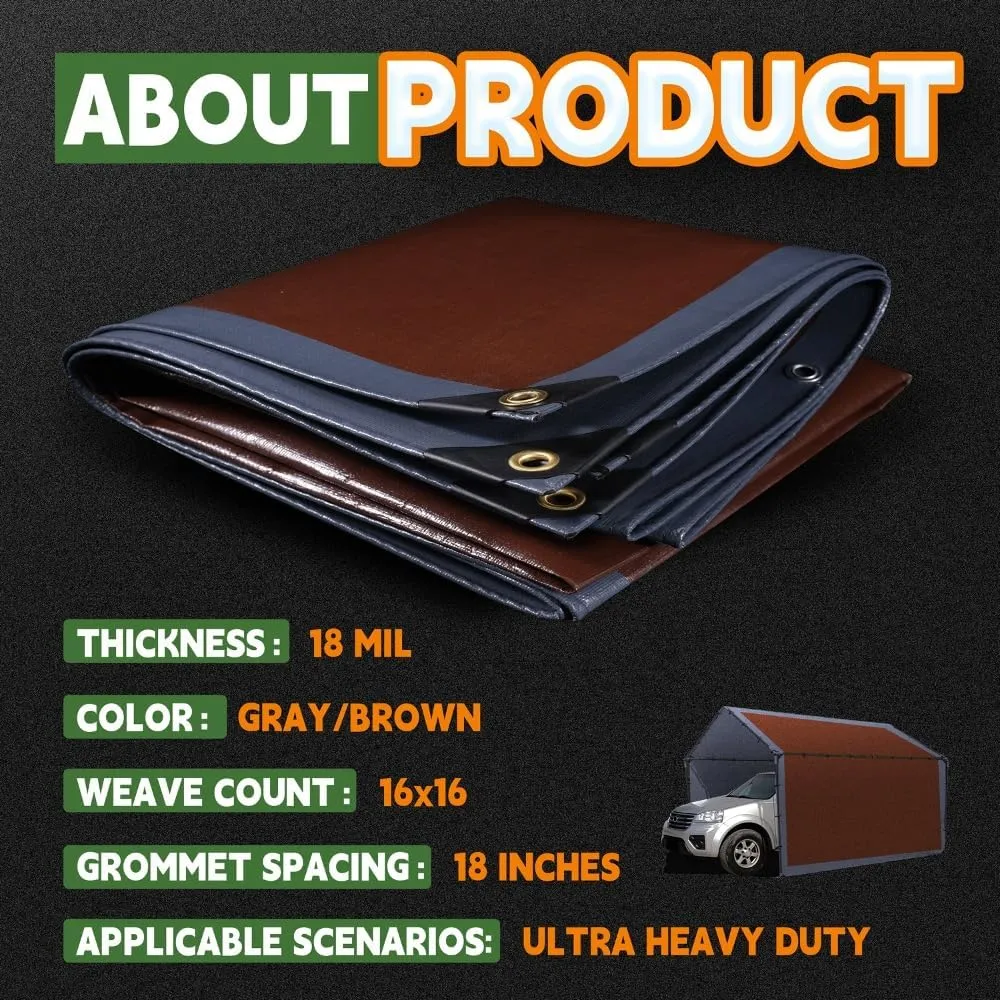 RAINDEWAY 5x5 Feet Super Heavy Duty Tarp 18 Mil, UV Resistant, Weatherproof, Multipurpose Waterproof Poly Tarp with Grommets and Reinforced Edges, Brown/Gray Tarps