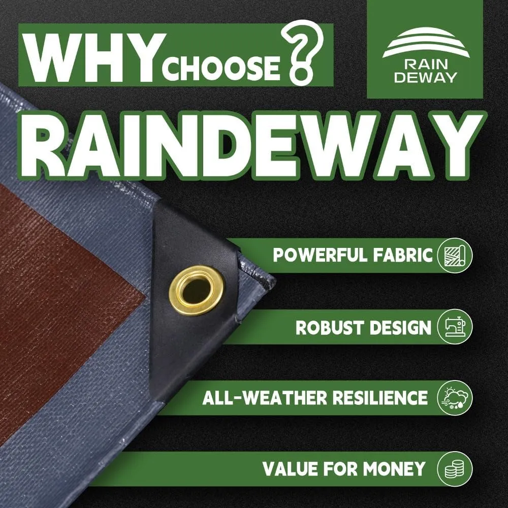 RAINDEWAY 5x5 Feet Super Heavy Duty Tarp 18 Mil, UV Resistant, Weatherproof, Multipurpose Waterproof Poly Tarp with Grommets and Reinforced Edges, Brown/Gray Tarps