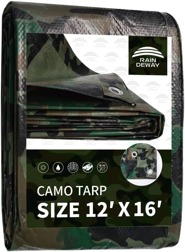 RAINDEWAY Camo Tarp 12x16 Feet - 7 Mil Thickness Waterproof Cover for Outdoor Camping, Hunting, Backpacking, Canopy Tent, Ground, Boat, Motorcycles, Roofs, Wood, RV and More