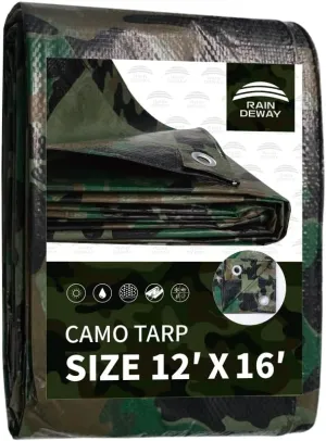 RAINDEWAY Camo Tarp 12x16 Feet - 7 Mil Thickness Waterproof Cover for Outdoor Camping, Hunting, Backpacking, Canopy Tent, Ground, Boat, Motorcycles, Roofs, Wood, RV and More