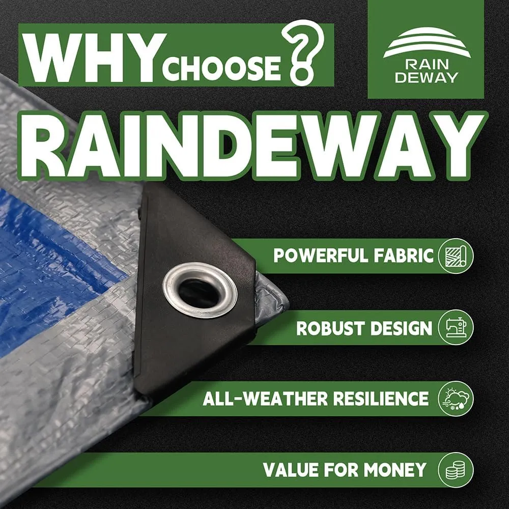 RAINDEWAY Large Tarps 100x100 Feet, 5.5 Mil - Multipurpose Waterproof Poly Tarp Cover with Metal Grommets and Reinforced Edges, Silver/Blue