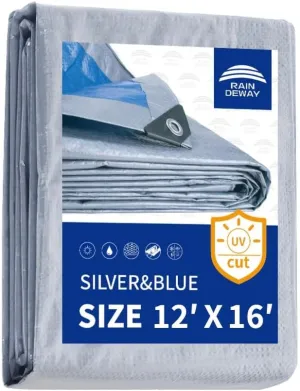 RAINDEWAY Tarps - 12x16 Feet, 5.5 Mil Thick, Multipurpose Waterproof Poly Tarp Cover with Metal Grommets and Reinforced Edges, Silver/Blue Tarp