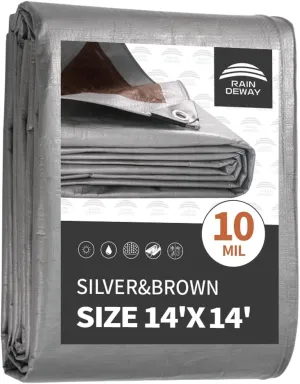 RAINDEWAY Tarps Heavy Duty Waterproof 14x14 Feet, 10Mil Multipurpose Poly Tarp Cover with Metal Grommets,Silver/Brown Tarp Finished Size,for Carport，Boats，Camping