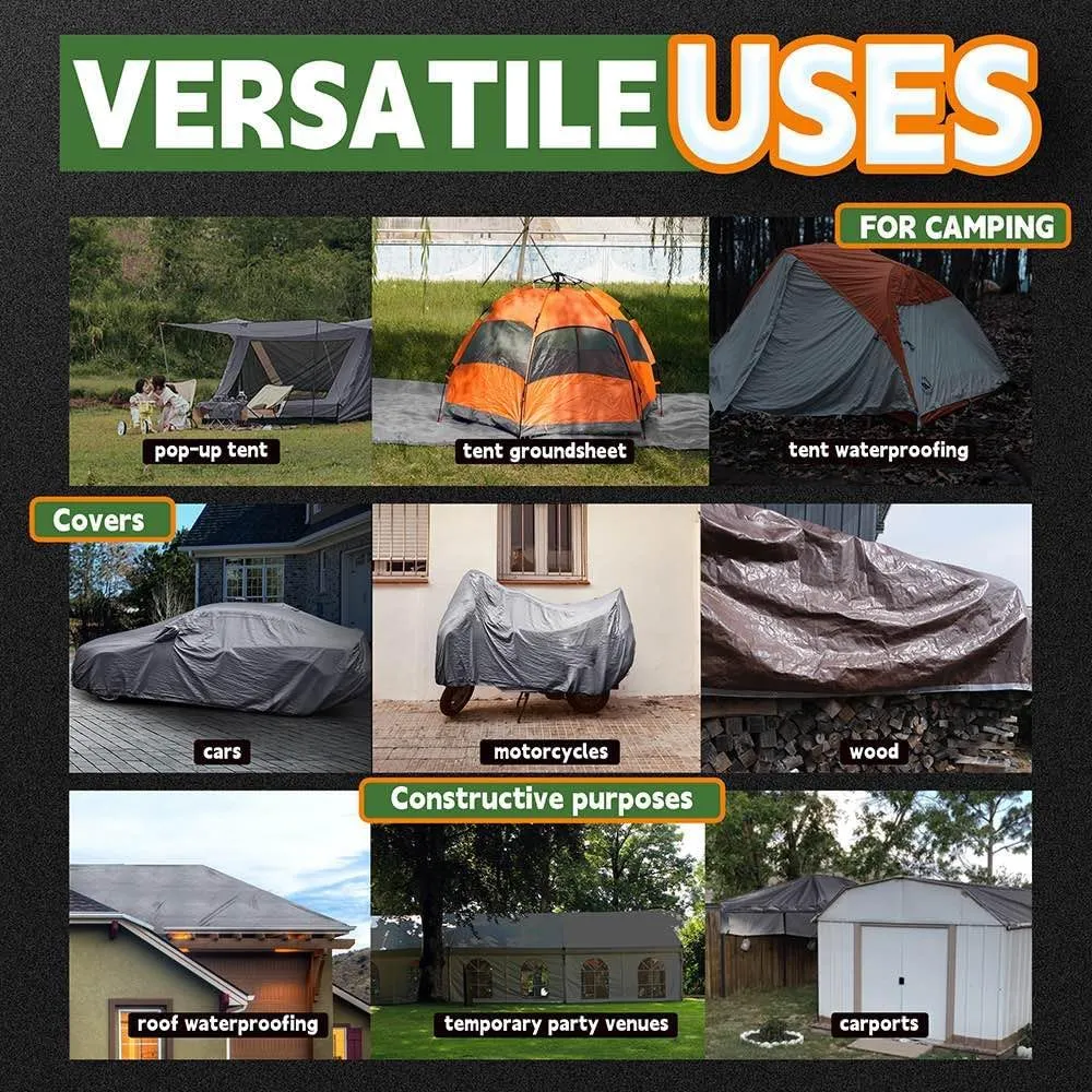 RAINDEWAY Tarps Heavy Duty Waterproof 14x14 Feet, 10Mil Multipurpose Poly Tarp Cover with Metal Grommets,Silver/Brown Tarp Finished Size,for Carport，Boats，Camping