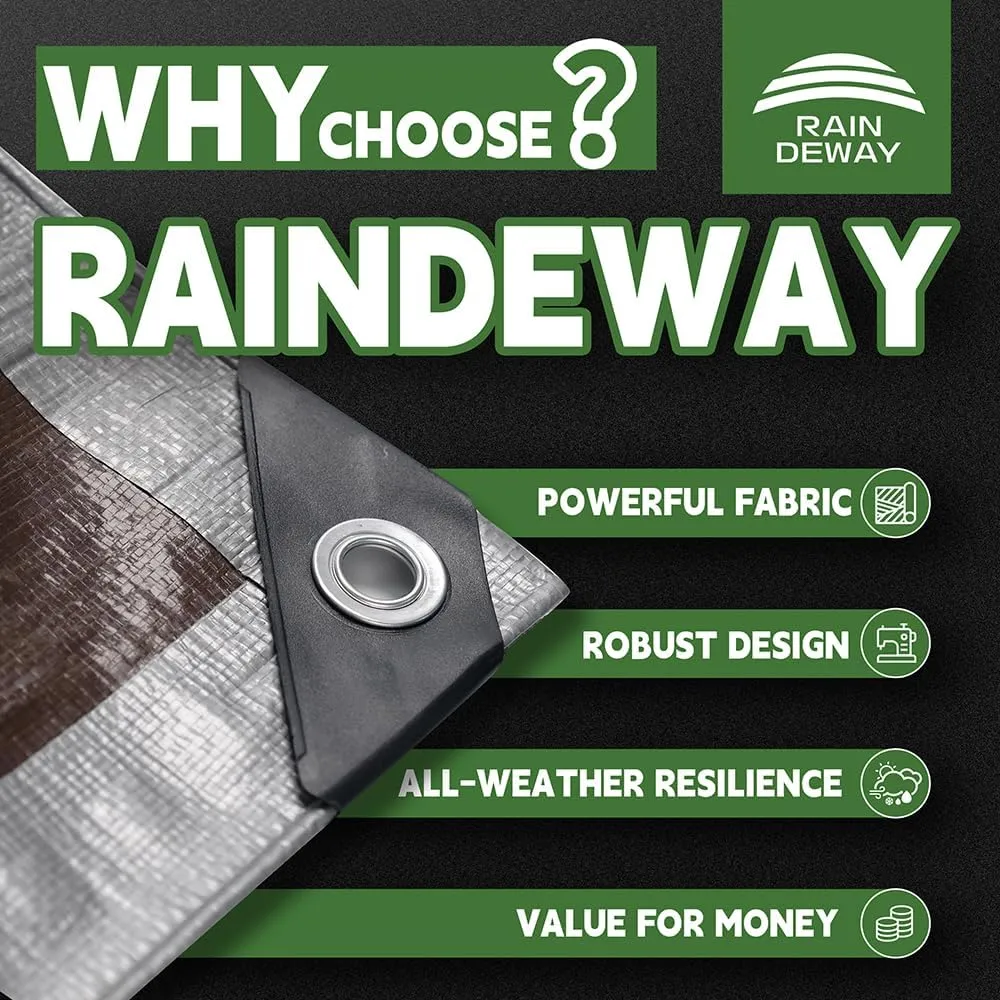 RAINDEWAY Tarps Heavy Duty Waterproof 14x14 Feet, 10Mil Multipurpose Poly Tarp Cover with Metal Grommets,Silver/Brown Tarp Finished Size,for Carport，Boats，Camping