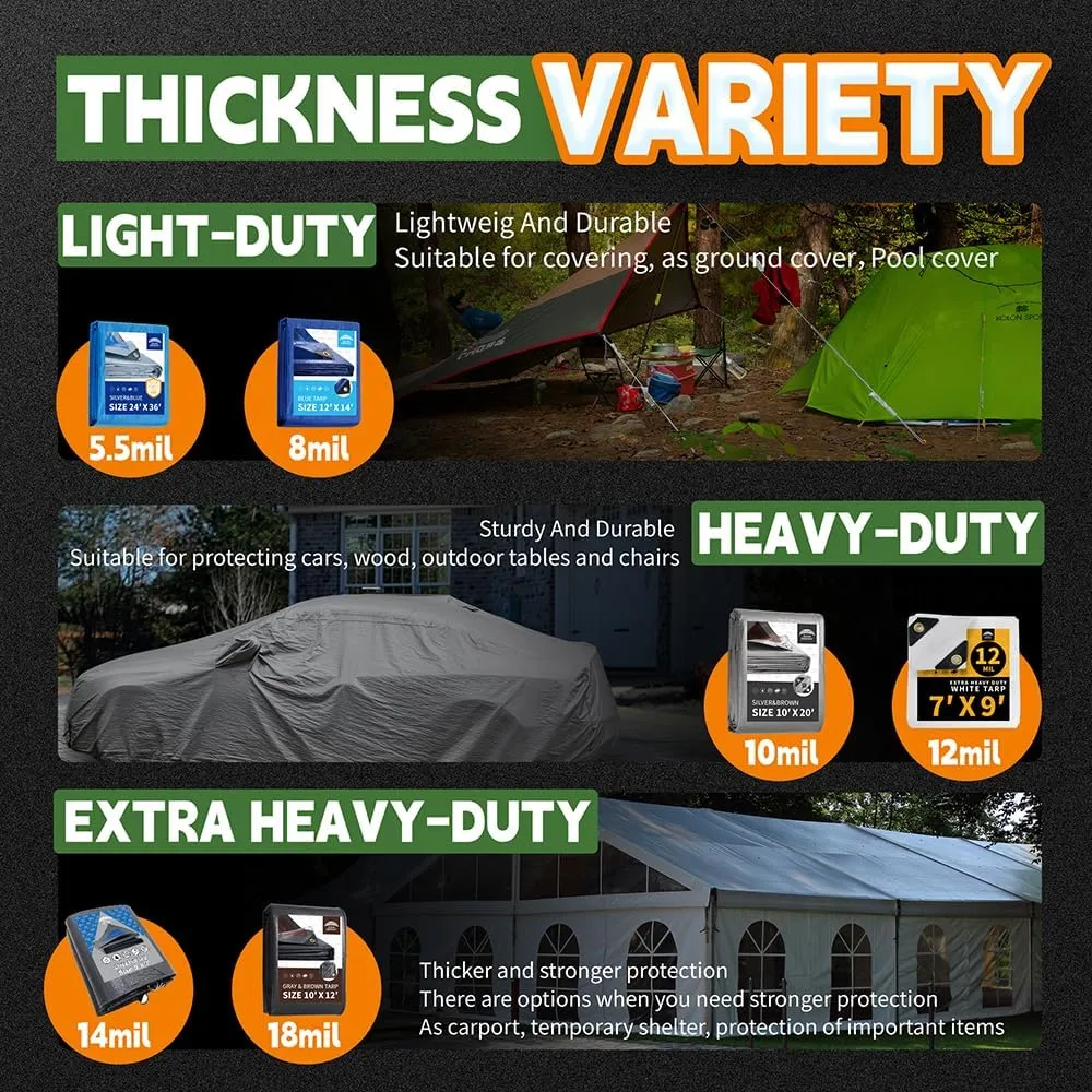 RAINDEWAY Tarps Heavy Duty Waterproof 14x14 Feet, 10Mil Multipurpose Poly Tarp Cover with Metal Grommets,Silver/Brown Tarp Finished Size,for Carport，Boats，Camping