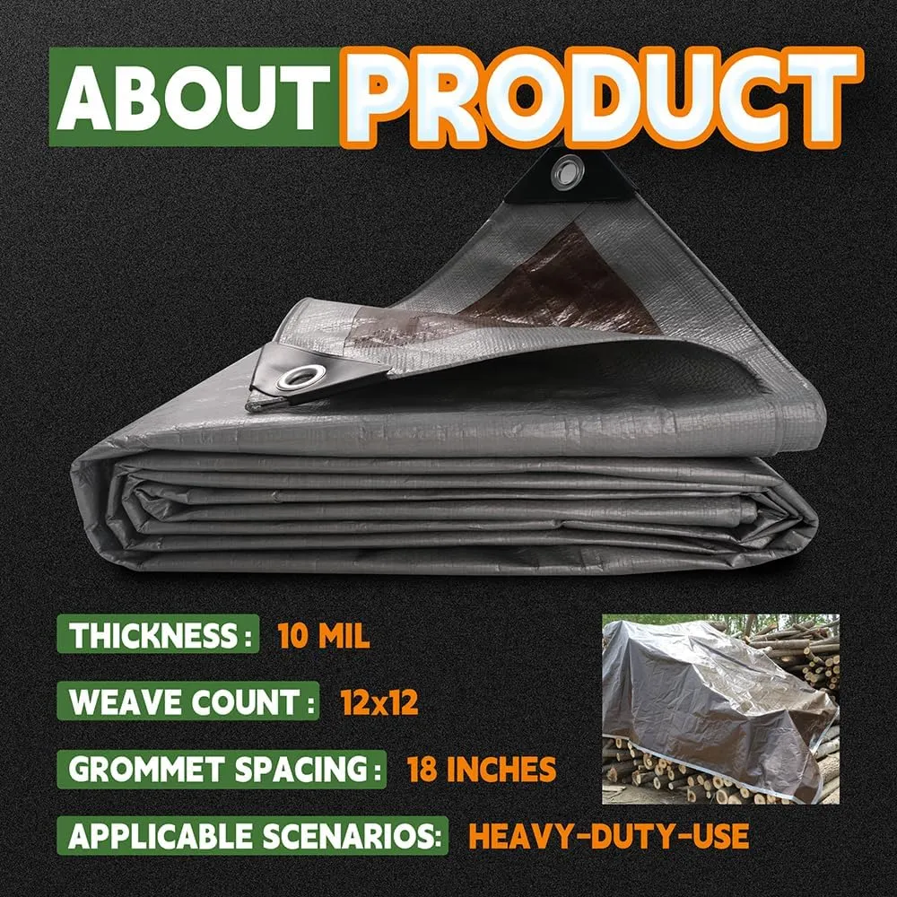 RAINDEWAY Tarps Heavy Duty Waterproof 14x14 Feet, 10Mil Multipurpose Poly Tarp Cover with Metal Grommets,Silver/Brown Tarp Finished Size,for Carport，Boats，Camping