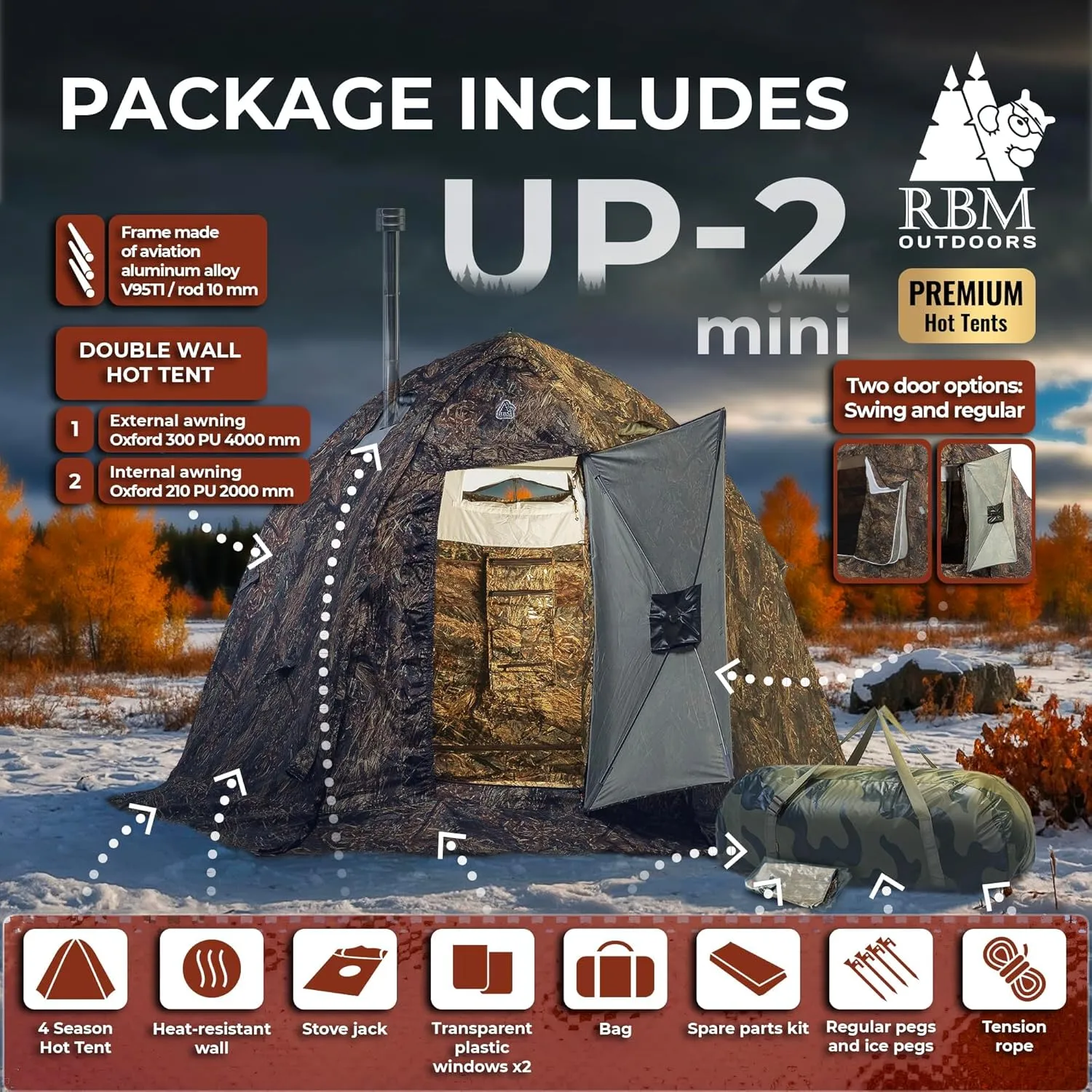 Rbm Outdoors Hot Tent with Stove Jack, Easy Setup 4 Season Winter Tents for Camping, Cold Weather Wall Double Layer Waterproof & Windproof Shelter