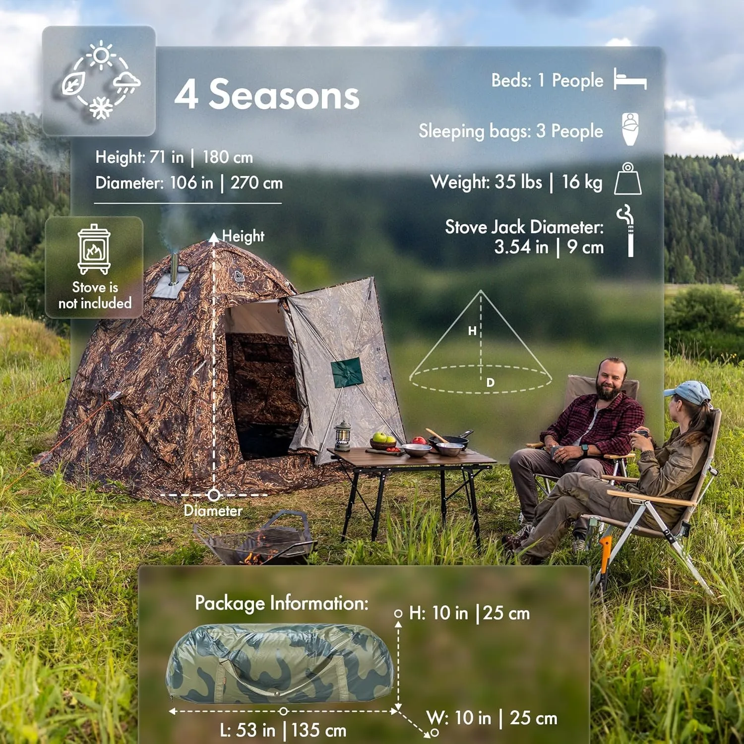Rbm Outdoors Hot Tent with Stove Jack, Easy Setup 4 Season Winter Tents for Camping, Cold Weather Wall Double Layer Waterproof & Windproof Shelter
