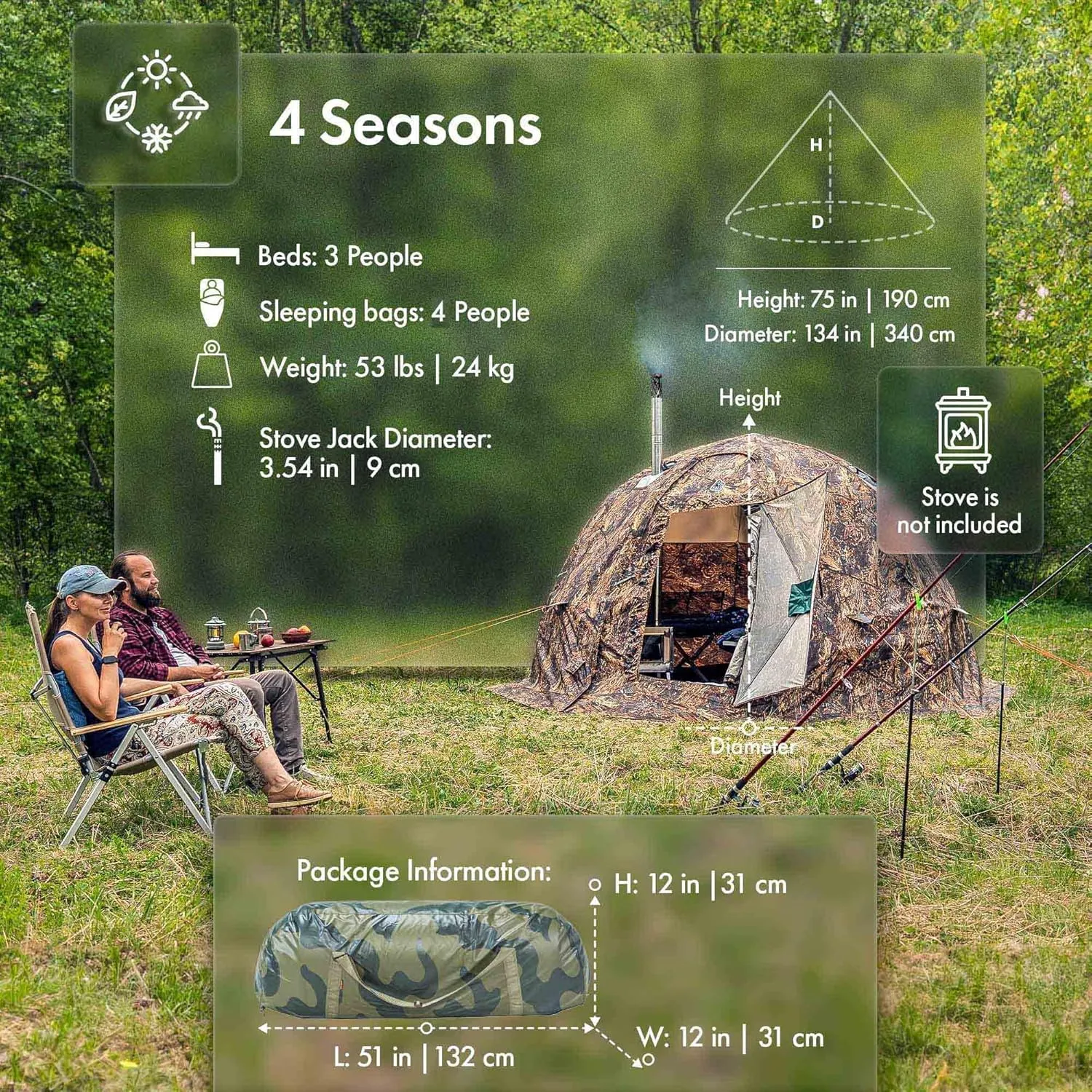 Rbm Outdoors Hot Tent with Stove Jack, Easy Setup 4 Season Winter Tents for Camping, Cold Weather Wall Double Layer Waterproof & Windproof Shelter