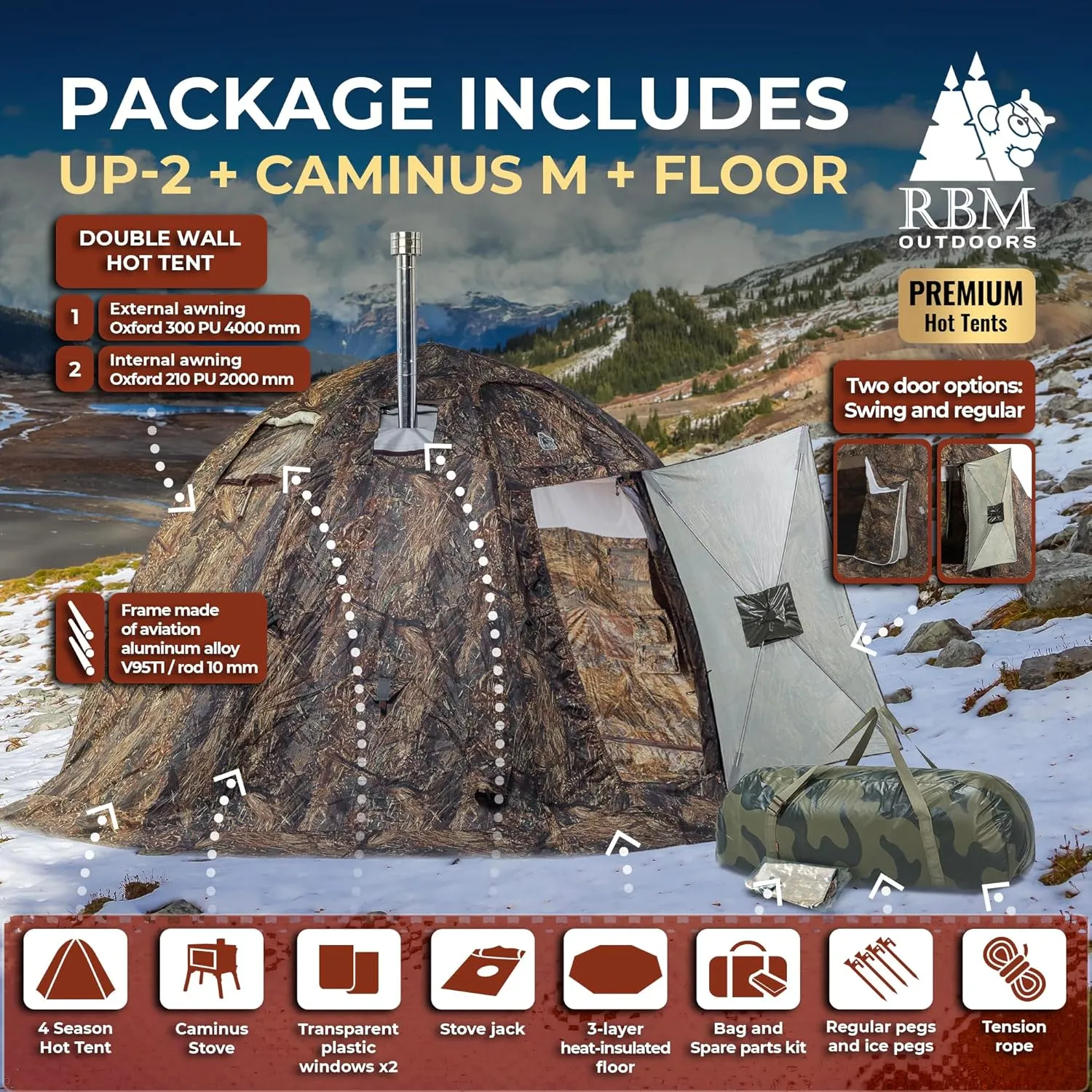 Rbm Outdoors Hot Tent with Stove Jack, Easy Setup 4 Season Winter Tents for Camping, Cold Weather Wall Double Layer Waterproof & Windproof Shelter